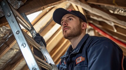 uniformed specialist fixes a metal ladder to the hatch of the attic door.
