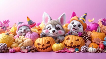 Adorable cartoon animals celebrate Halloween with colorful pumpkins, festive hats, and vibrant autumn decor against a pink backdrop.