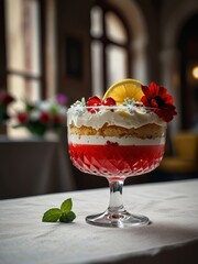 Slice of Vanilla Cake with Red Flowers and a Cocktail