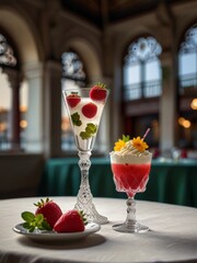 Slice of Vanilla Cake with Red Flowers and a Cocktail