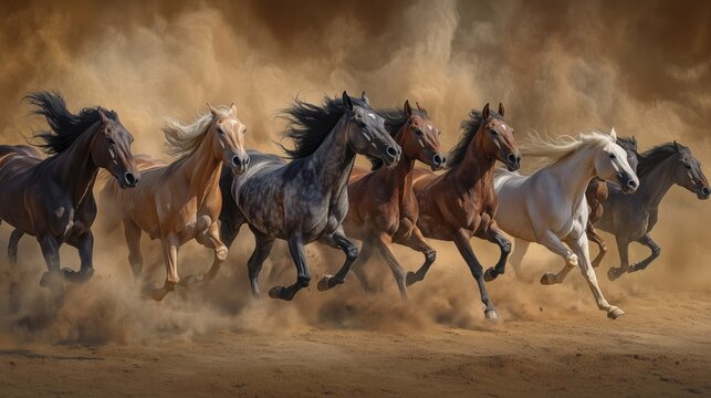 A group of wild horses galloping through dusty plains, showcasing their strength and freedom in a stunning natural scenery.