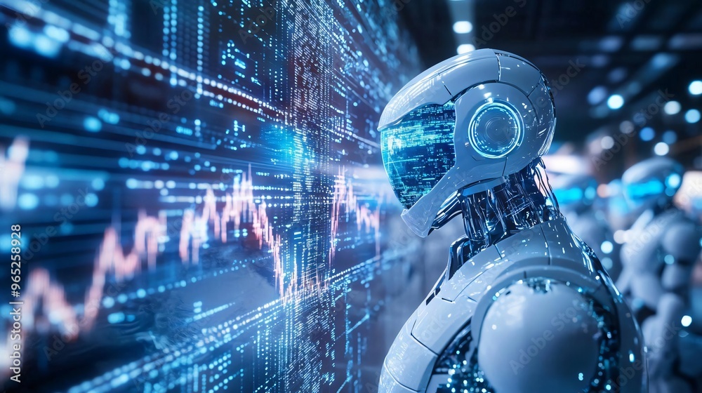 Poster futuristic robot displays advanced technology with digital graphs and data visuals in a high-tech en