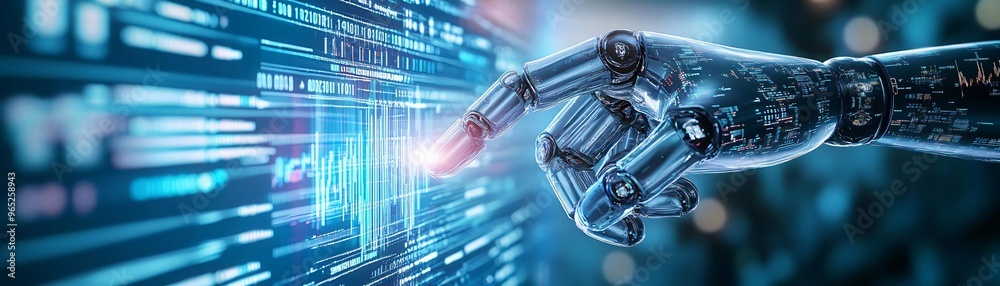 Poster futuristic robot hand reaching out to digital data interface, representing advanced technology and a