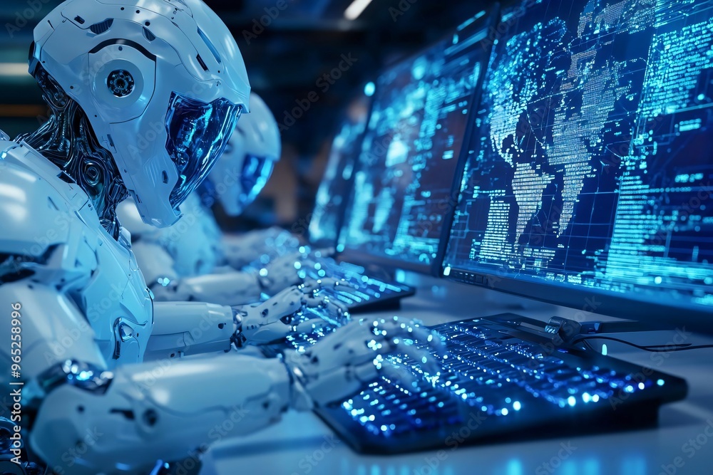 Poster futuristic robot working on advanced technology in a high-tech environment with glowing screens and 