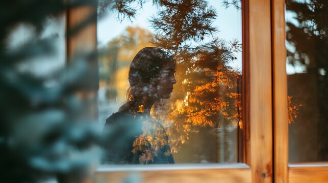 Fototapeta Reflection of a thoughtful woman through a window with autumn scenery, capturing a serene and contemplative moment.