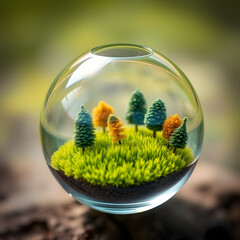 A glass globe filled with miniature trees and a tiny field of meticulously crafted grass