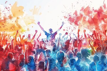 watercolor illustration of excited emotional crowd of sport fans cheering and screaming on match at stadium