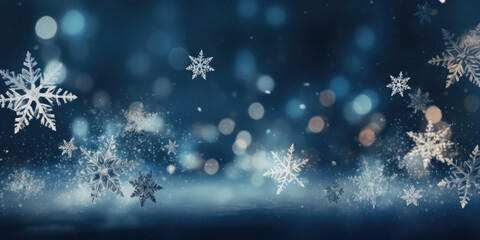Snowflakes are falling on a snow covered surface with a dark blue background and bokeh. The image evokes a magical winter atmosphere