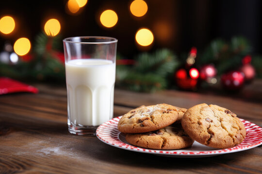 Plate of chocolate chip cookies and a glass of milk are sitting on a kitchen counter with christmas lights sparkling in the background