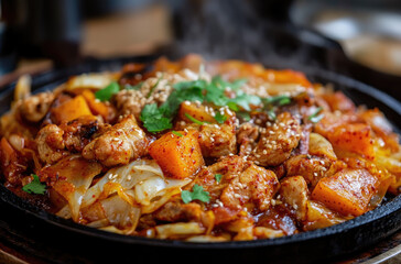 Korean dalk galbi, spicy stir-fried chicken with rice cakes in a fiery sauce