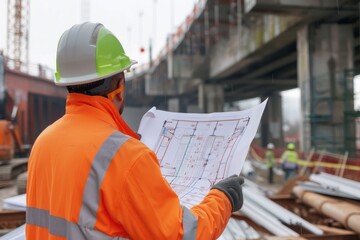 worker in hardhat inspecting bridge blueprints at construction site