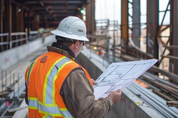 worker in hardhat inspecting bridge blueprints at construction site