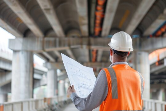 worker in hardhat inspecting bridge blueprints at construction site