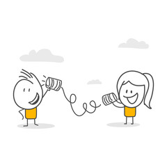 Illustration of businessman talking to colleague on phone line.