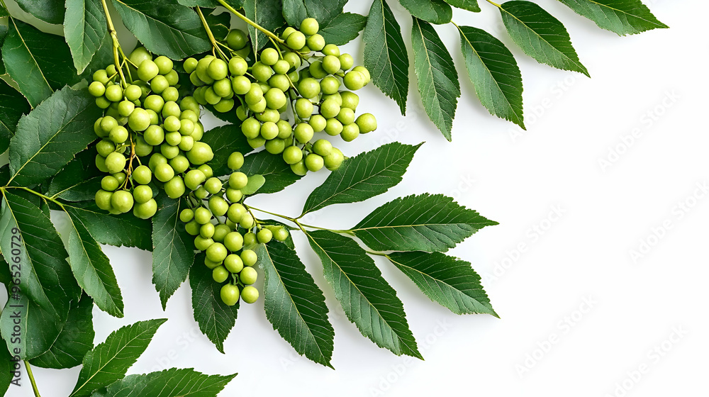 Wall mural Green Berries and Leaves on White Background