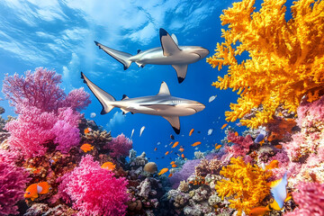 Naklejka premium Two Sharks Swimming Over Vibrant Coral Reef