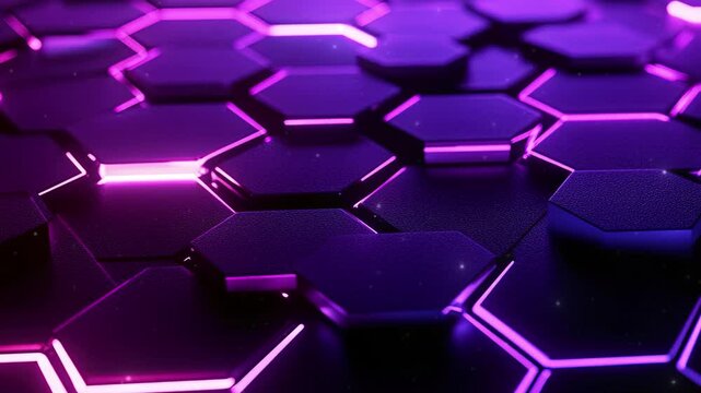 Abstract background with glowing hexagons. Abstract digital futuristic pattern. Close-up of hexagonal patterns. Abstract neon glowing hexagons background. High-tech designs. Modern tech. Copy space