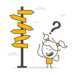 businesswoman is confused as she looks at multiple road signs and wonders which way to go.