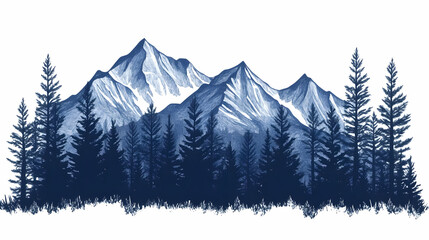 Blue Mountain Silhouette with Pine Trees Hand Drawn Illustration