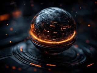 Giant Dyson sphere harvesting energy from a galaxy, stunning abstract sphere with intricate patterns and glowing elements, set against a dark, atmospheric background.