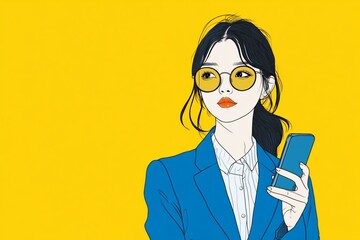 An asian beautiful businesswoman wear blue suit, holding smartphone, yellow background, copy space