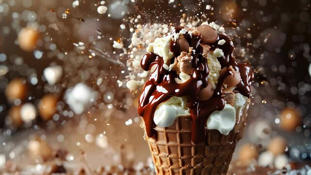 Decadent chocolate and toppings falling onto a waffle cone in slow motion