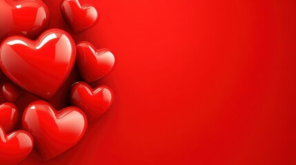 Glossy red hearts on vibrant background for romantic concepts