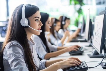 Diverse customer service staff resolving issues in a bright office, using chat systems and support