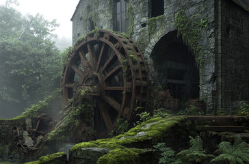 Old mill covered in moss with rusted gears and crumbling stonework