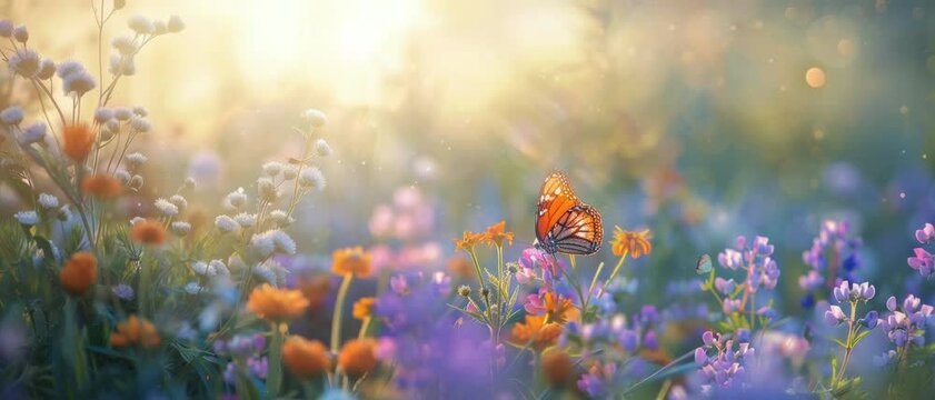 A butterfly is flying in a field of flowers. The image has a serene and peaceful mood, with the butterfly being the focal point of the scene. The flowers are scattered throughout the field