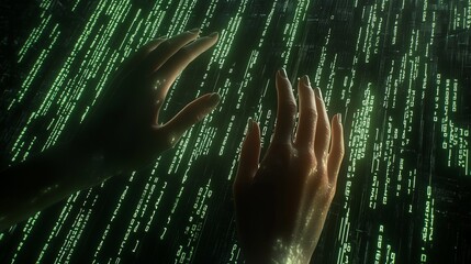 Close-up of hands touching and interacting with a glowing green digital matrix, representing cyber technology and virtual reality.