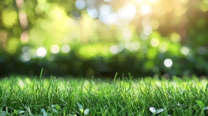 Obraz premium close up of green grass with blurred garden background - ai