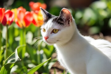 Serene white cat pondering in tulip garden