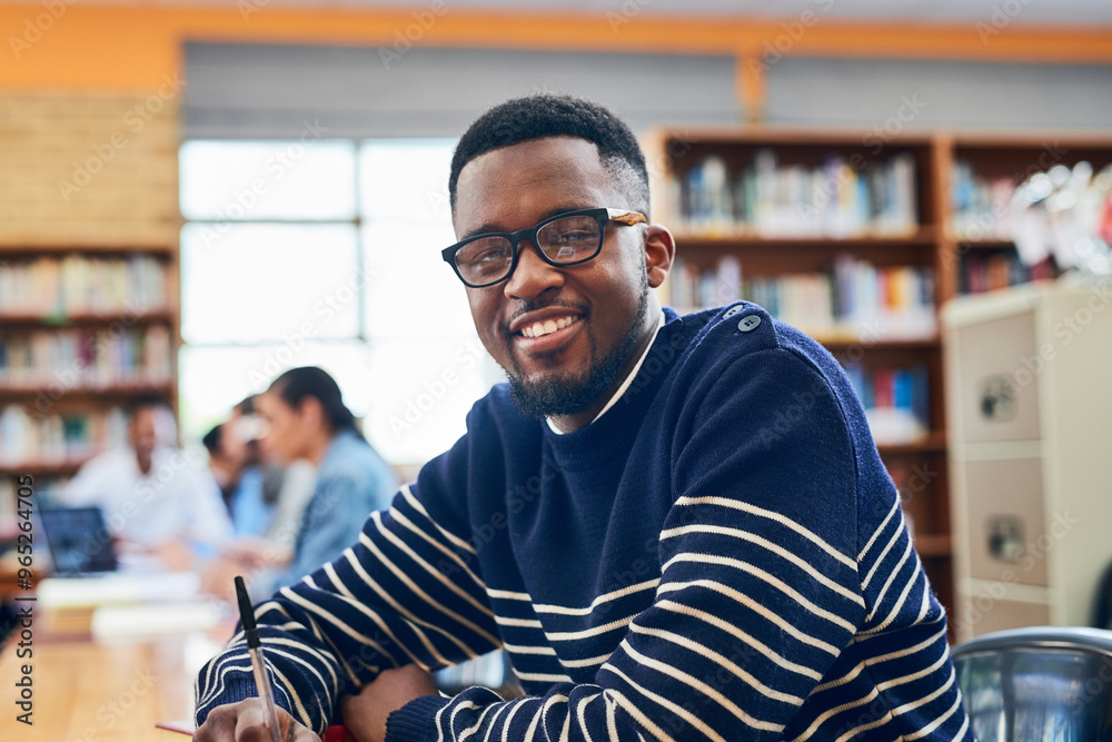 Poster black man, student and smile in portrait, library and writing notes for learning, development and re