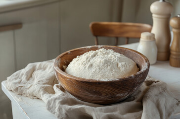 Fototapeta premium Rustic kitchen counter with a wooden bowl of flour and rolling pin in a farmhouse kitchen