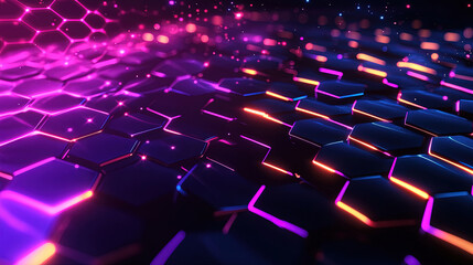 Obraz premium Abstract background with glowing hexagons. Abstract digital futuristic pattern. Close-up of hexagonal patterns. Abstract neon glowing hexagons background. High-tech designs. Modern tech. Copy space