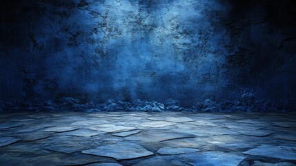 Enigmatic blue-lit empty room with textured walls floor