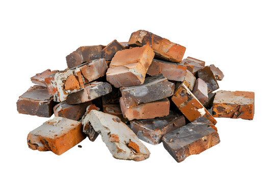Stack of old and broken bricks pile isolated on a transparent background.