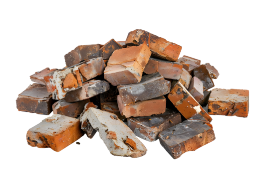 Stack of old and broken bricks pile isolated on a transparent background.