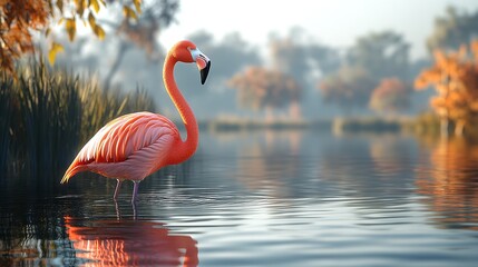 Fototapeta premium An engaging photo showcasing a flamingo in its habitat, with the tranquil waters and scenic beauty of nature providing