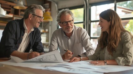 Architect discussing home design plans with clients in an office