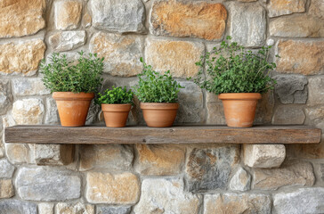 Rustic stone wall with a wooden shelf of clay pots and rustic decor