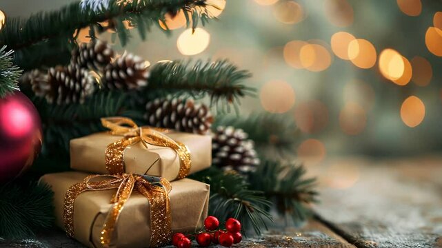 Christmas card with gift boxes, tree branches and a blurred background with bokeh