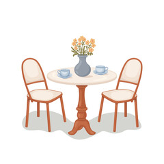 Cartoon furniture of summer cafe. Two cups of tea and bouquet of flowers on round table next to two chairs. Romantic vector illustration