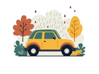 A vibrant yellow car parked under colorful autumn trees with rain, showcasing a cozy fall scene.