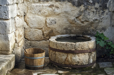 Fototapeta premium Rustic stone well with a wooden bucket and fresh country charm