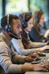 A diverse customer service team helping clients over the phone in a modern call center