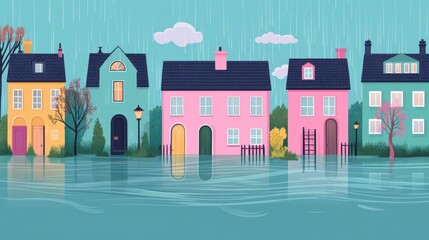 A whimsical illustration of colorful houses submerged in rainwater, showcasing the beauty of a rainy day scene.