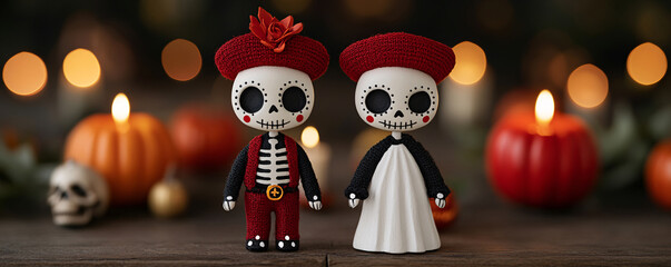 Colorful skeleton figurines celebrate the Day of the Dead, adorned with festive accessories and surrounded by autumn decorations.