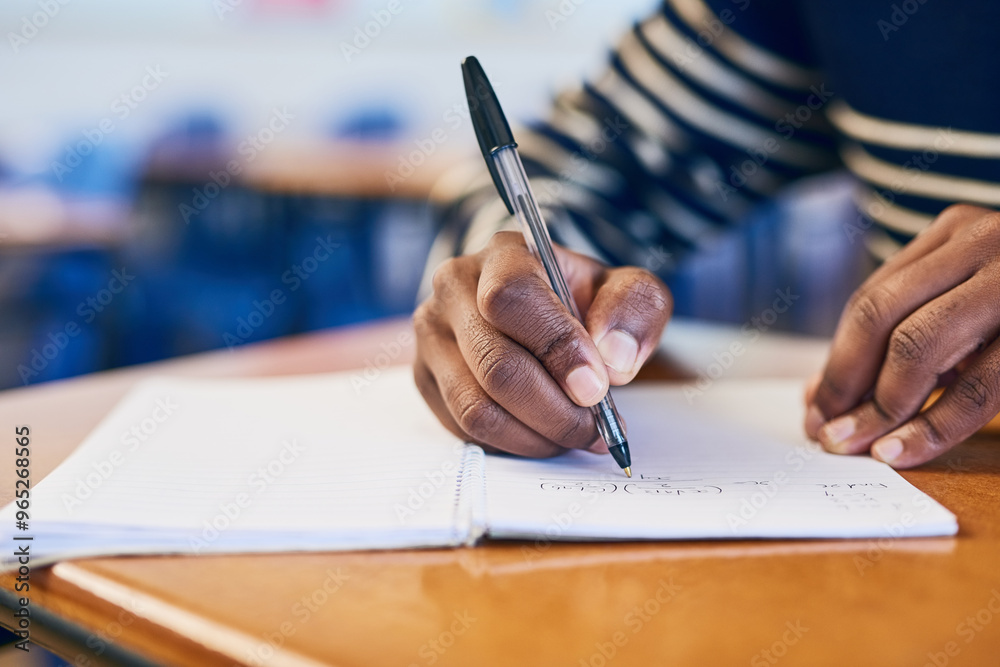 Poster Hands, writing and exam in classroom at university with solution, student and notebook for assessment. Person, test or quiz with question paper, learning and education with scholarship at college